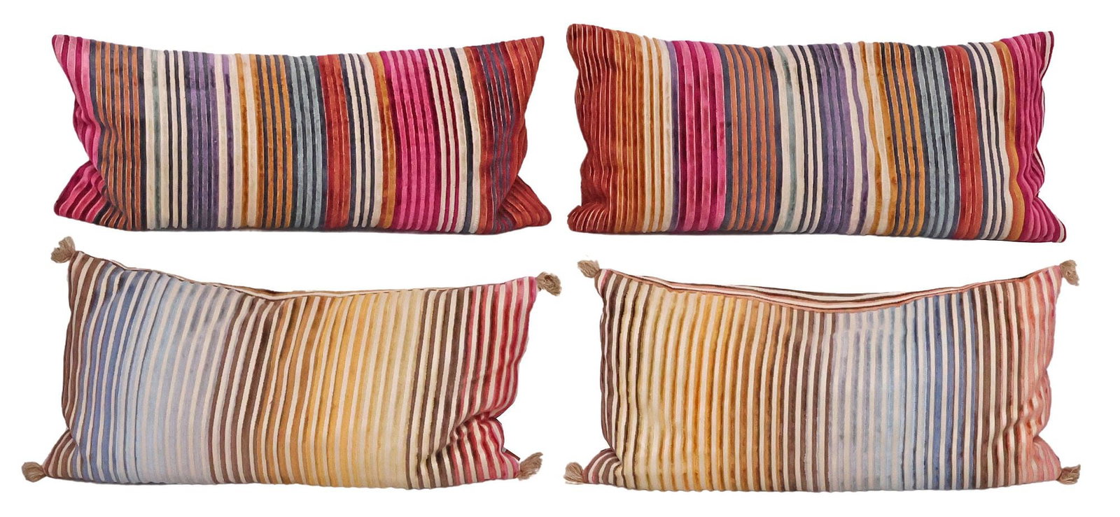 (4) MISSONI HOME FOR ROCHE BOBOIS 'MAH JONG' DESIGNER THROW PILLOWS: (lot of 4) Designer down-filled throw pillows, Missoni Home for Roche Bobois, from the "Mah Jong" collection, in polychrome striped fabric upholstery, zip closure, maker's tag at interior, each: appro