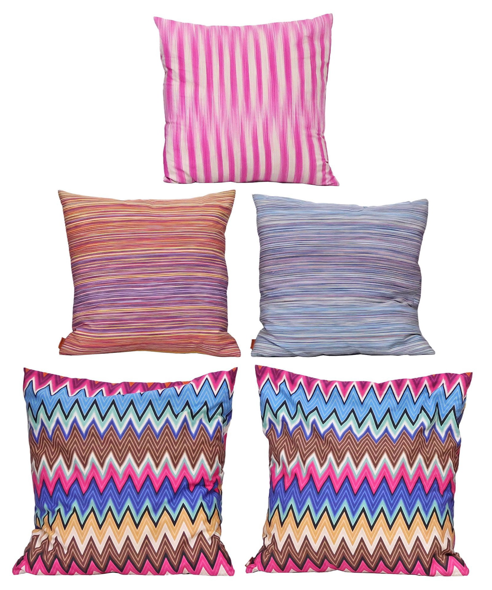(5) MISSONI HOME FOR ROCHE BOBOIS 'MAH JONG' DESIGNER THROW PILLOWS: (lot of 5) Designer down-filled throw pillows, Missoni Home for Roche Bobois, from the "Mah Jong" collection, each with zip closure and maker's tag at exterior, including: (3) in striped upholstery, (