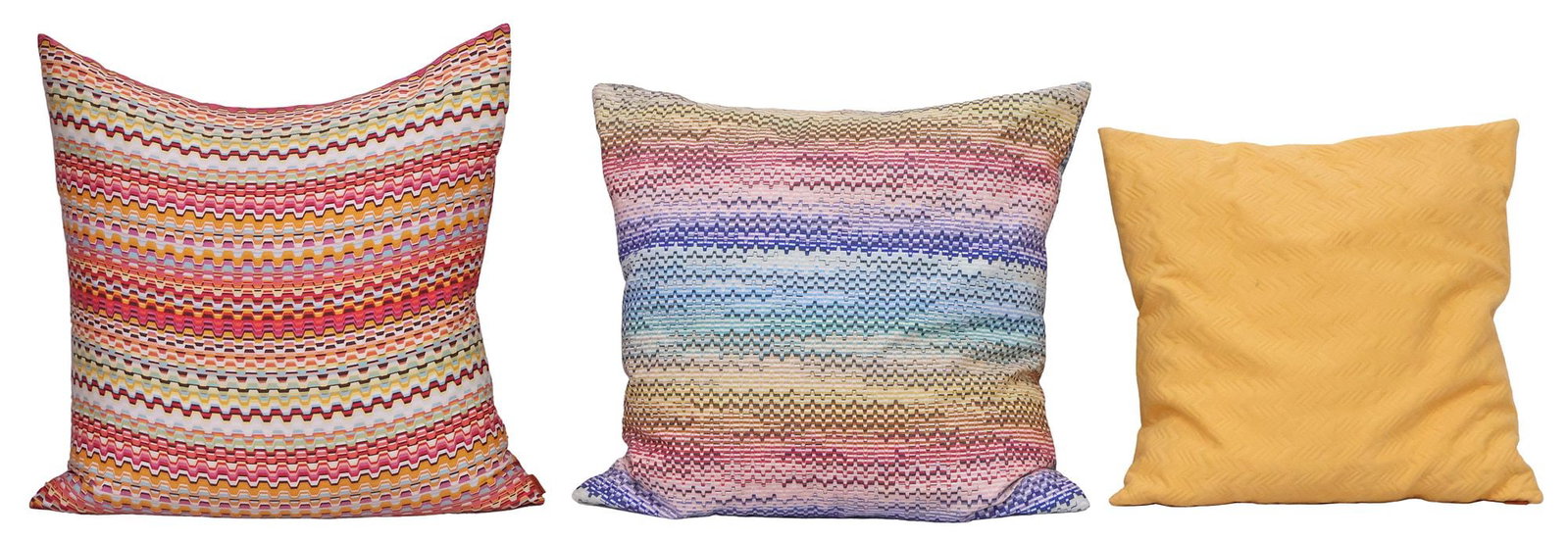 (3) MISSONI HOME FOR ROCHE BOBOIS 'MAH JONG' DESIGNER THROW PILLOWS: (lot of 3) Designer down-filled throw pillows, Missoni Home for Roche Bobois, from the "Mah Jong" collection, each with zip closure and maker's tag at exterior, including: (2) in polychrome chevron-pr