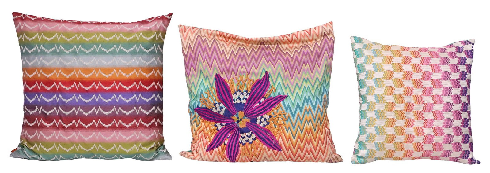 (3) MISSONI HOME FOR ROCHE BOBOIS 'MAH JONG' DESIGNER THROW PILLOWS: (lot of 3) Designer down-filled throw pillows, Missoni Home for Roche Bobois, from the "Mah Jong" collection, each with zip closure and maker's tag at exterior, including: (1) in a chevron-print uphol