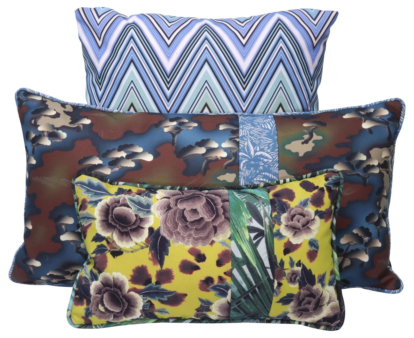 (3) DESIGNER THROW PILLOWS, JEAN PAUL GAULTIER & MISSONI FOR ROCHE BOBOIS: (lot of 3) Designer throw pillows, each retaining retailer's tag, including: (2) Jean Paul Gaultier for Roche Bobois, with woven maker's label, (one) in the "Shanghai Pollen" pattern, (one) in the "Na
