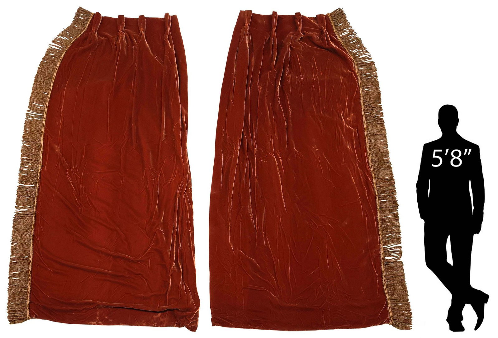 (2) CUSTOM VELVET & FRINGED DRAPERY CURTAIN PANELS, 92"l: Custom drapery curtain panels, in a velvet fabric, with bullion fringe trim, each having hanging hooks, isolated staining to the base of panels, some crushing to center fabric from being folded/storag