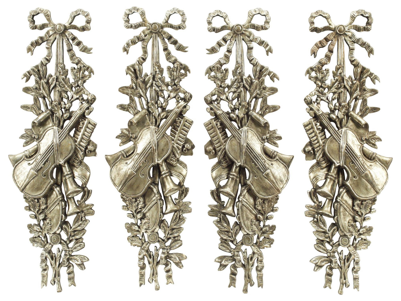 (4) LARGE LOUIS XVI STYLE SILVER GILT WALL PENDANTS / TROPHIES: (lot of 4) Louis XVI style silver gilt wall pendants/ trophies, ribbon bow, laurel and oak branches, musical instruments, intact with some small losses and glue repairs, approx 36"h, 11.5"w,