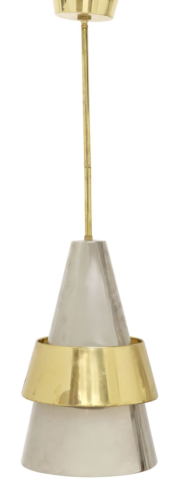 ARTERIORS 'CARLETTO' DESIGNER SILVER-TONE METAL & BRASS PENDANT LIGHT: Contemporary designer "Carletto" silver-tone metal and brass single-light ceiling pendant, Arteriors, 21st c., of conical form with protruding band, numbered 13 to band, equipped with U