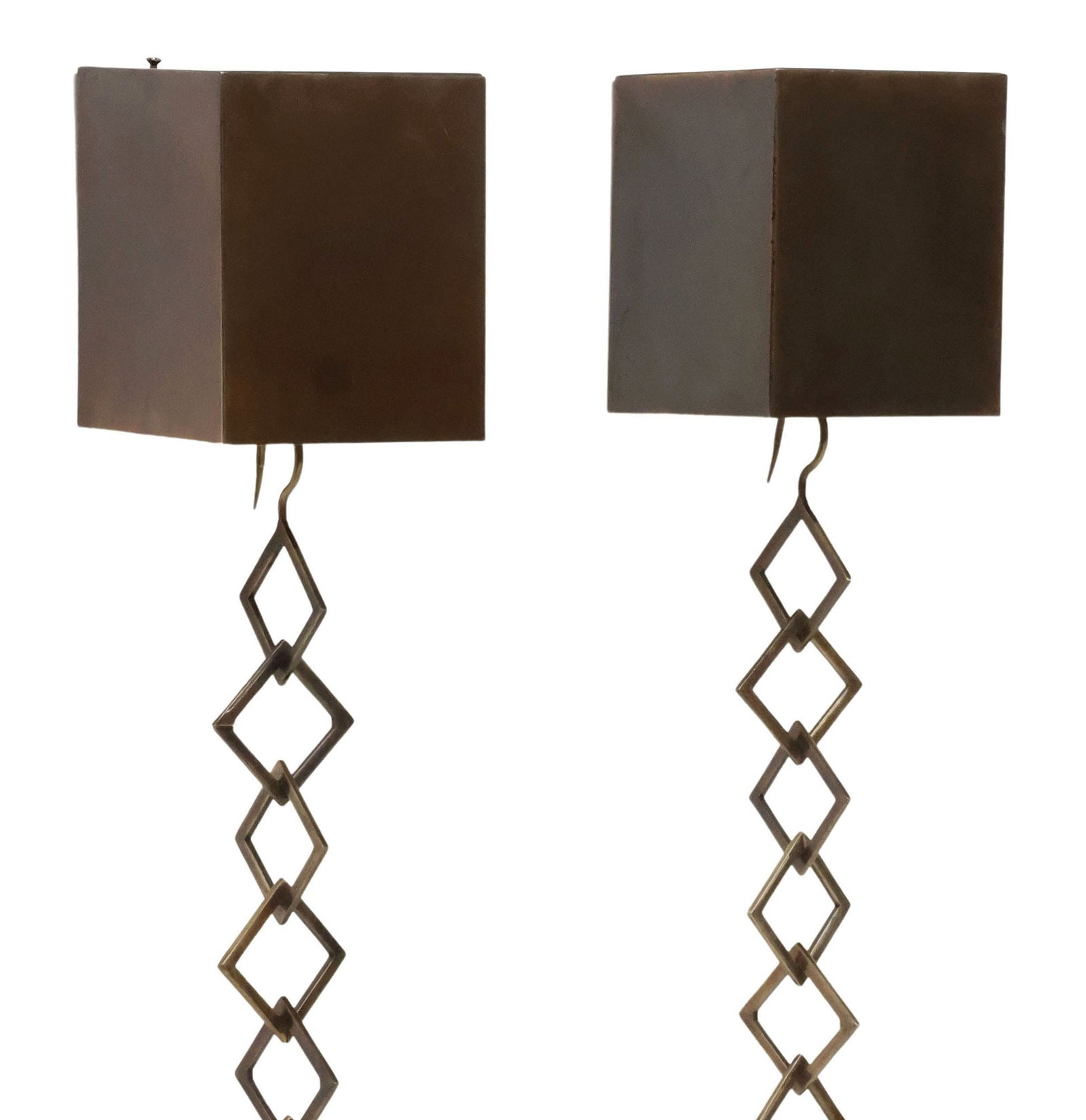 (PR) ARTERIORS (ATTRIB) PATINATED STEEL 1-LIGHT WALL SCONCES: (pair) Contemporary patinated steel wall sconces, attributed to Arteriors, 21st c., having cubic shade enclosing single light, hung with decorative dangling diamond-link chain, unmarked, shade: approx