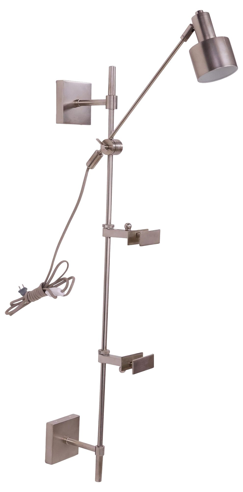 ARTERIORS (ATTRIB.) MODERN 'AJA' METAL 1-LIGHT WALL SCONCE WITH EASEL: Modern brushed metal "Aja" wall sconce, attributed to Arteriors Home, 21st c., adjustable-height swivel arm terminating on single light, above two adjustable easel clips, unmarked, observed operating,