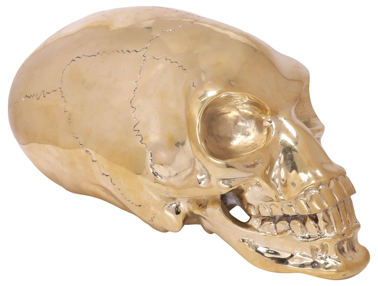 LARGE EDENYA POLISHED BRONZE SCULPTURE AFTER INDIANA JONES 'CRYSTAL SKULL' MOVIE PROP, HC 3/4: Limited-edition polished bronze model of a skull, after a prop from the movie "Indiana Jones and the Kingdom of the Crystal Skull (2008)," numbered H.C. 3/ 4 (Hors Commerce), Edenya foundry mark inscr