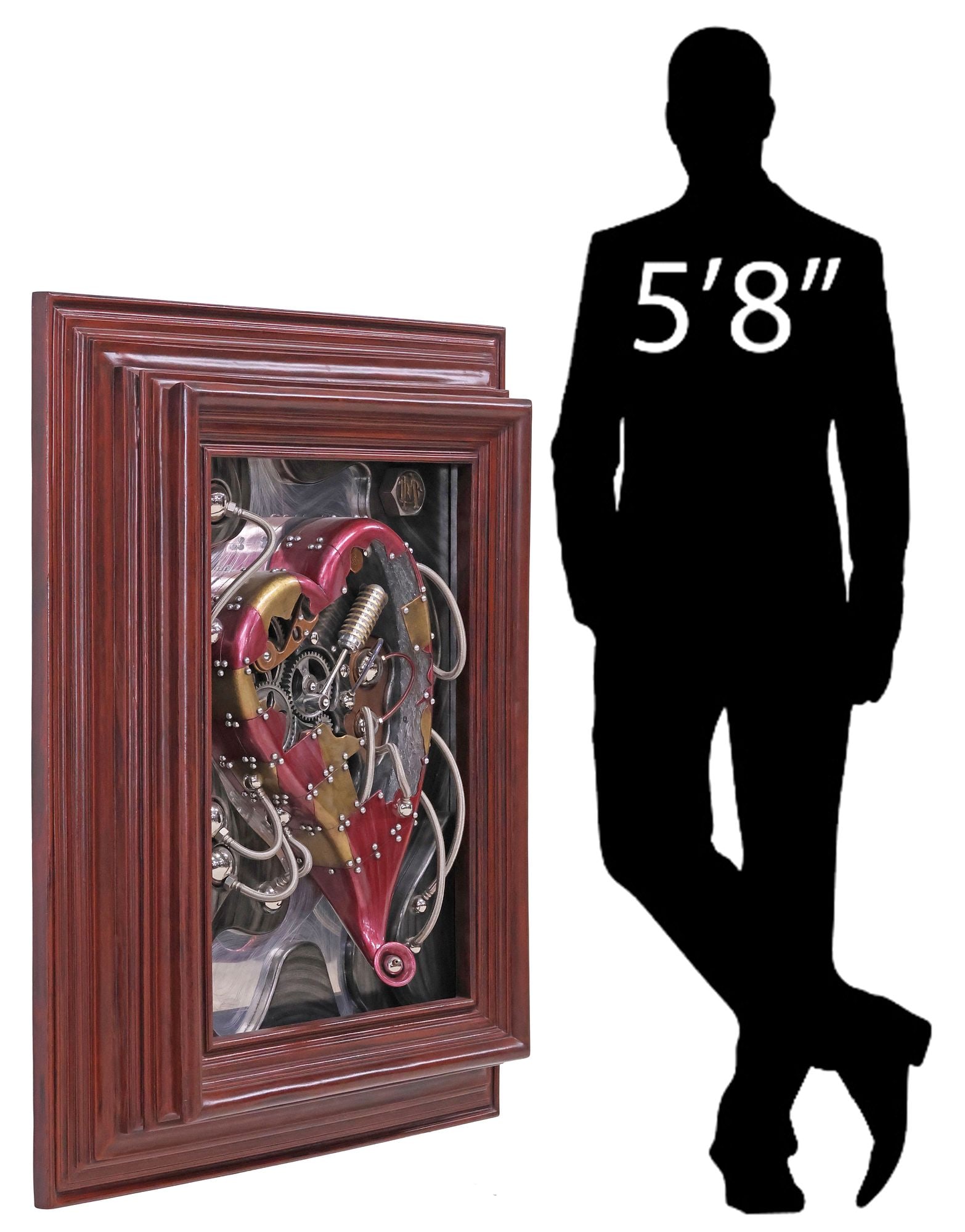DALE MATHIS (B.1972) KINETIC WALL SCULPTURE, 'MENDING A BROKEN HEART,' 51"H: Large mixed media wall-mounted kinetic relief sculpture, "Mending a Broken Heart," by Dale Mathis (American, b.1972), numbered BB H31 on embossed signature plaque verso, depicting a fracture