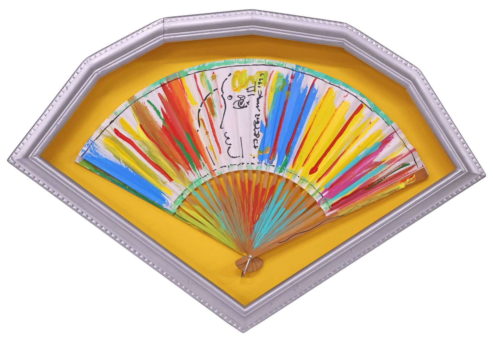 PETER MAX (B.1937) FRAMED POP ART PAINTING ON FOLDING FAN, 1999: Framed ink and acrylic painting on folding fan, Colorful Composition with Portrait, signed Peter Max (German-American, b.1937), dated 1999, housed in a conforming silver-painted shadowbox frame, fan: 
