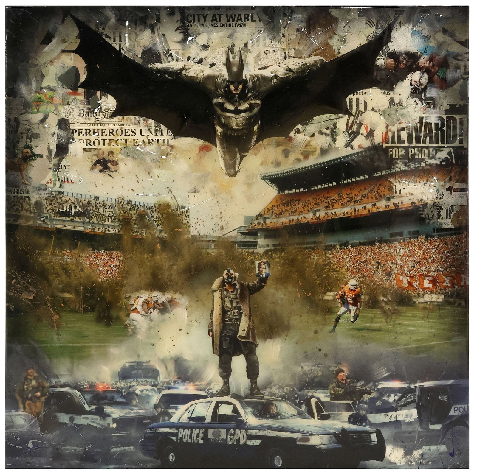 DeVON STANFIELD (B.1968) MIXED MEDIA POP ART COLLAGE, TEXAS FOOTBALL & BATMAN (1 of 4)