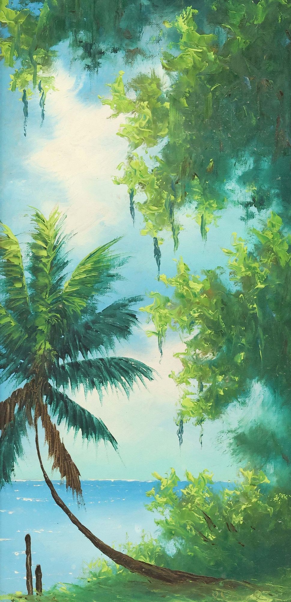 JOHNNY 'HOOK' DANIELS (1954-2009) FLORIDA HIGHWAYMEN PAINTING, PALM TREE LANDSCAPE: Framed oil on board painting, Palm Tree Coastline, signed lower right J. Daniels (Johnny "Hook" Daniels, Fort Pierce, Florida, 1954-2009), sight: approx 22.5"h, 11"w, overall: approx 26"h, 14.25"w, 2l