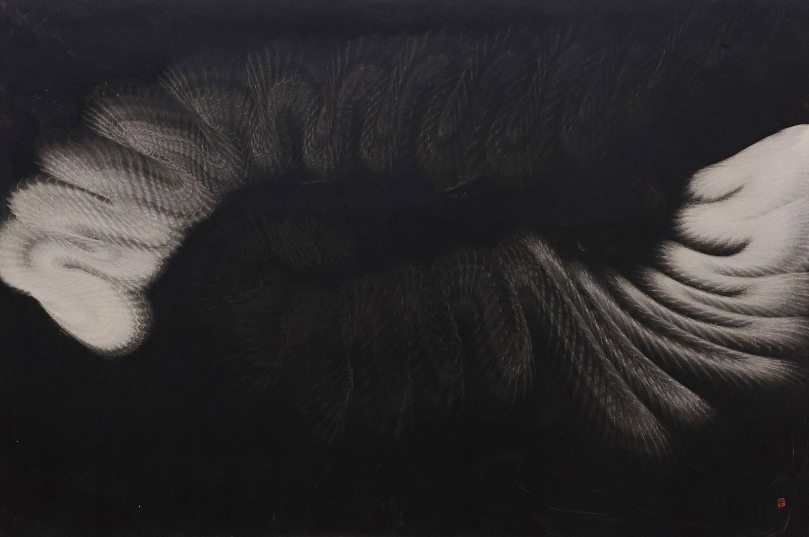 AN FURUTA (JAPANESE, B.1915) MODERN ABSTRACT OIL PAINTING, 44" X 64": Framed oil on canvas painting, White Feather on Black Ground, signed lower right An Furuta (Japanese, b.1915), sight: approx 43.5"h, 63.5"w, overall: approx 44.25"h, 64.25"w, 13lbs