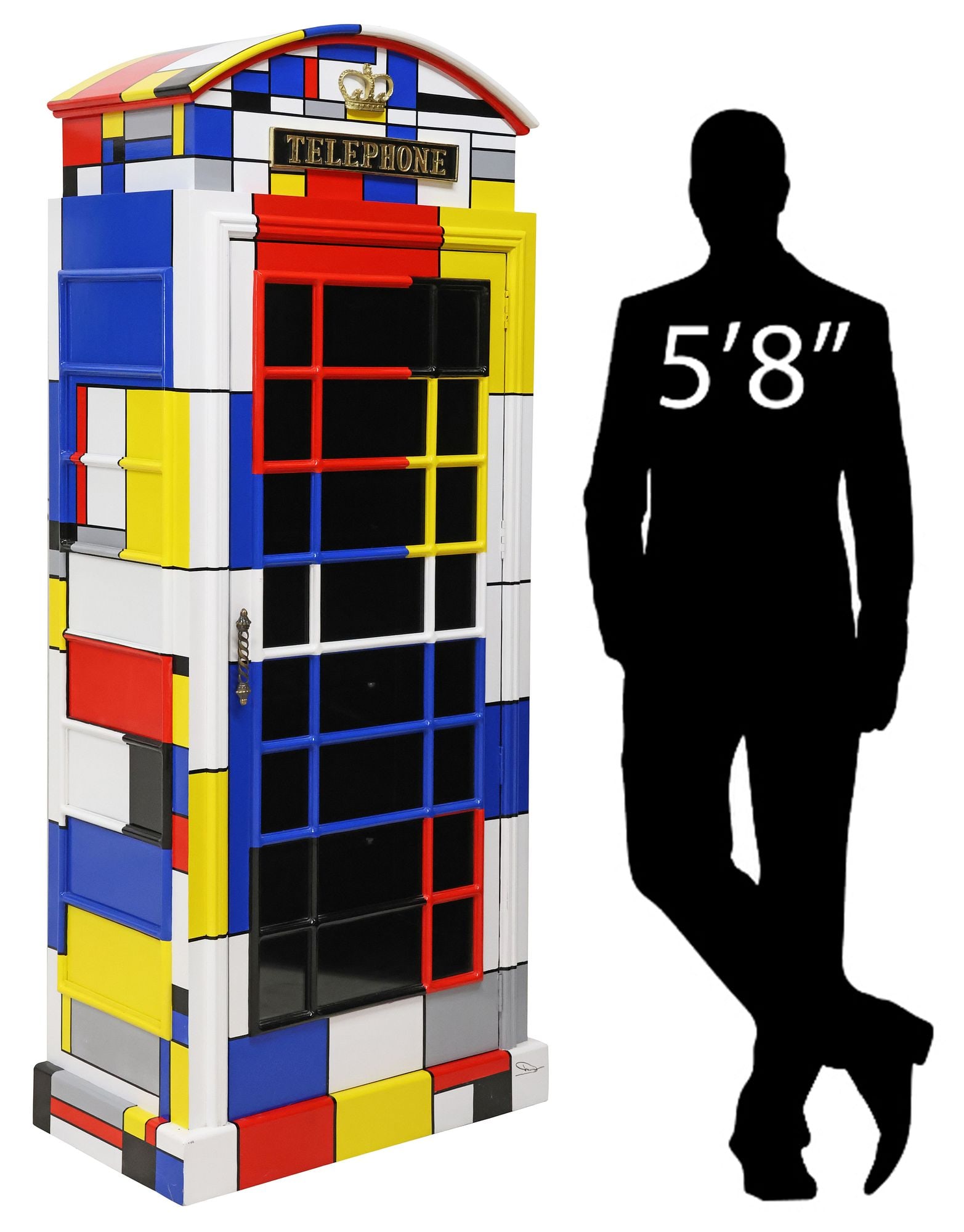 MONDRIAN DE STIJL STYLE PAINTED BOOKCASE IN THE FORM OF A TELEPHONE BOOTH: Contemporary paint-decorated bookcase, 21st c., in the form of a telephone booth, polychrome painted in the De Stijl manner of Piet Mondrian (Dutch, 1872-1944), with parcel-gilt molded composite crown