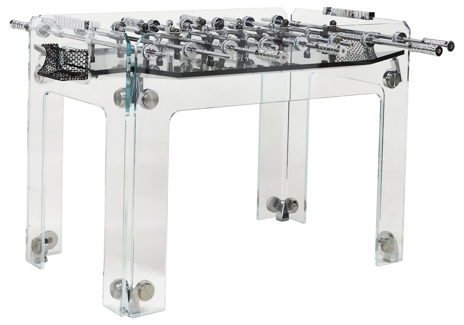 ITALIAN TECKELL FOR B.LAB STUDIOS 'CRISTALLINO BLACK' TEMPERED GLASS FOOSBALL TABLE: Contemporary Italian tempered glass "Cristallino Black" foosball table, designed by Teckell for B.Lab Studios, 21st c., from the "Calcio Balilla" collection, laminated smoked glass playing field with 