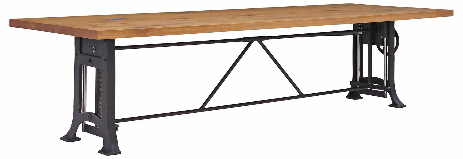 LARGE INDUSTRIAL EGGERSMAN (ATTRIB.) ADJUSTABLE OAK & STEEL DINING TABLE, 126"L (1 of 7)