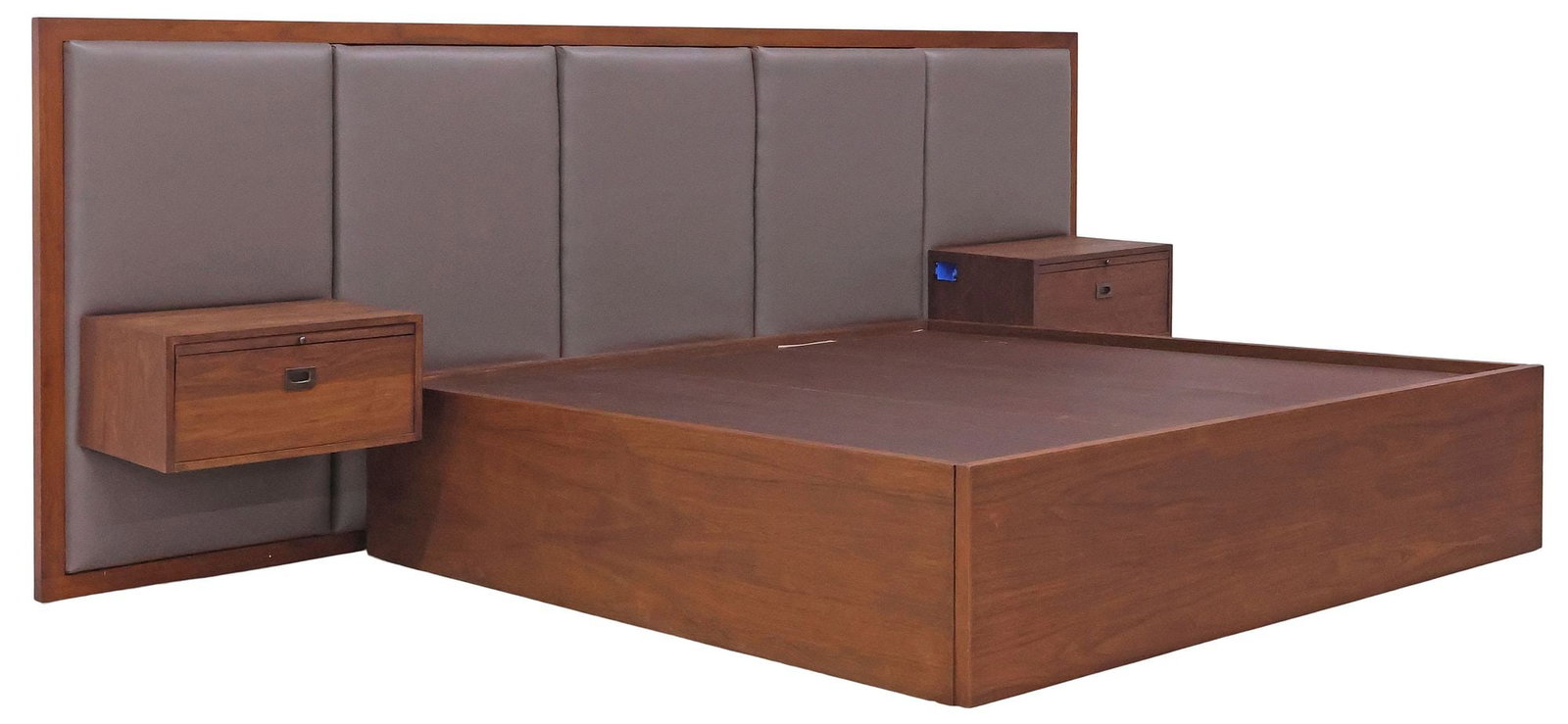 LARGE CUSTOM LEATHER-UPHOLSTERED TEAK KING SIZE BED & NIGHTSTANDS, 143"L (1 of 6)