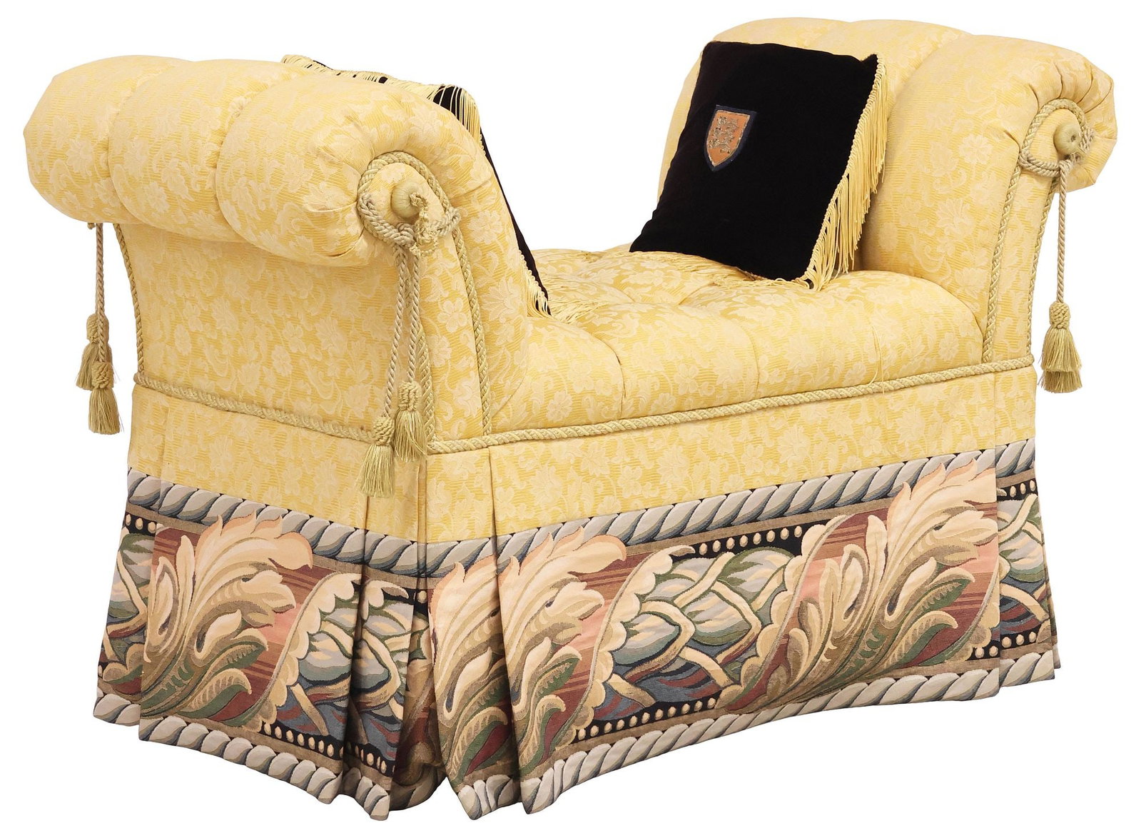 CUSTOM JACQUARD-UPHOLSTERED VANITY BENCH WITH GOLDWORK THROW PILLOWS (1 of 6)