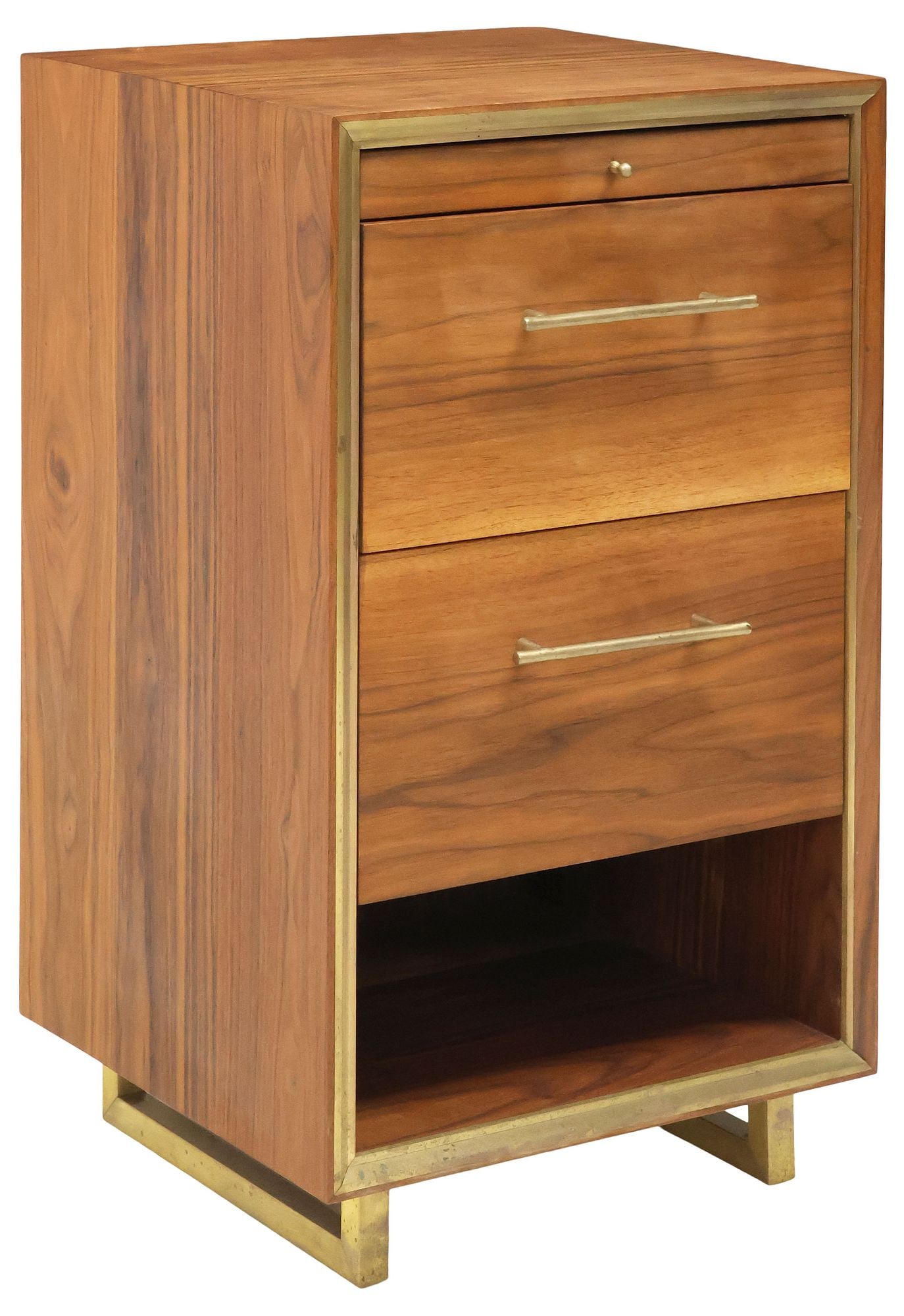 CONTEMPORARY BRASS-TRIMMED WALNUT 2-DRAWER SIDE CABINET: Contemporary brass-trimmed burled walnut side cabinet, 21st c., rectangular case with pull-out slide and two drawers, the uppermost drawer mounted with interior power strip, over open storage compartm