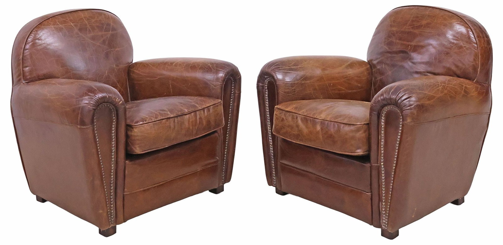 (2) FRENCH SAINT-TROPEZ ART DECO STYLE BROWN LEATHER CLUB CHAIRS (1 of 3)