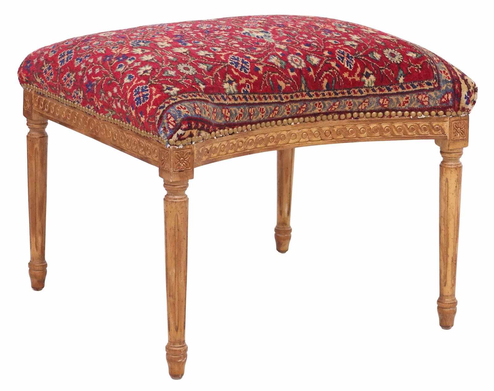 LOUIS XVI STYLE RUG-UPHOLSTERED CARVED WALNUT OTTOMAN (1 of 4)