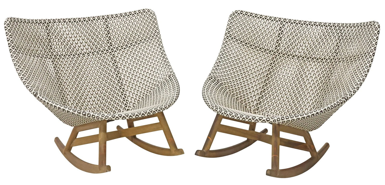 (2) SEBASTIAN HERKNER (B.1981) FOR DEDON 'MBRACE' OUTDOOR ROCKING CHAIRS: (pair) Contemporary "Mbrace" outdoor patio rocking chairs, Sebastian Herkner (German, b.1981) for Dedon, 21st c., each having rounded frame with two-tone "sea salt" weaving, rising