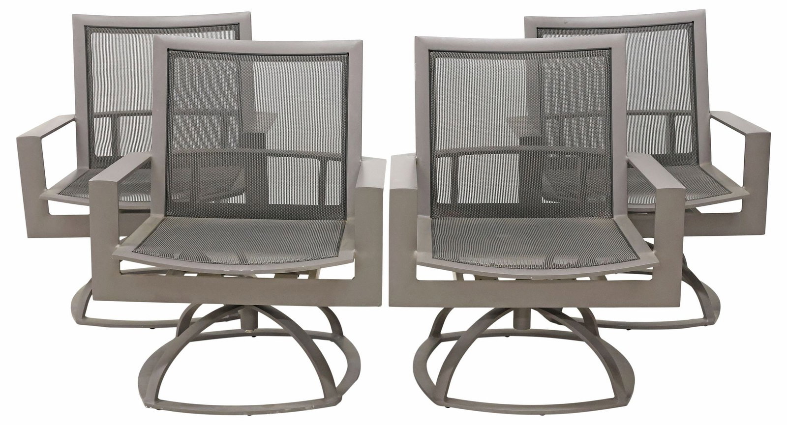 (4) BROWN JORDAN 'PARKWAY SLING SWIVEL ROCKER' CONTEMPORARY PATIO CHAIRS: (lot of 4) Contemporary "Parkway Framed Sling Swivel Rocker" outdoor patio chairs, Brown Jordan, 21st c., each having aluminum frame in a powder-coated grey finish, woven mesh back and seat,