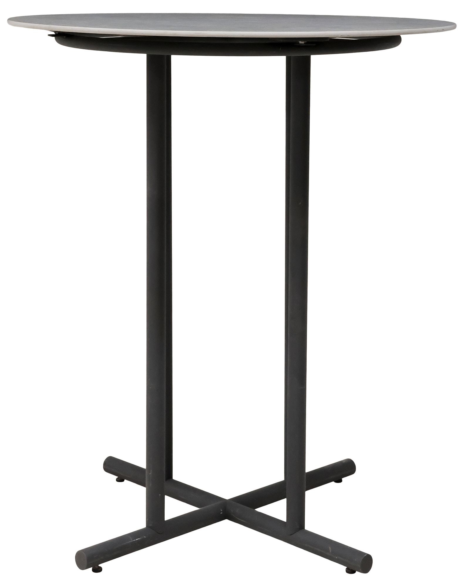 CONTEMPORARY GLOSTER 'WHIRL' CIRCULAR METAL BAR-HEIGHT PATIO TABLE: Contemporary "Whirl" bar-height outdoor patio table, Gloster, 21st c., having pumice ceramic top, rising on cylindrical metal legs, over X-form base, maker's mark and adhesive label at u