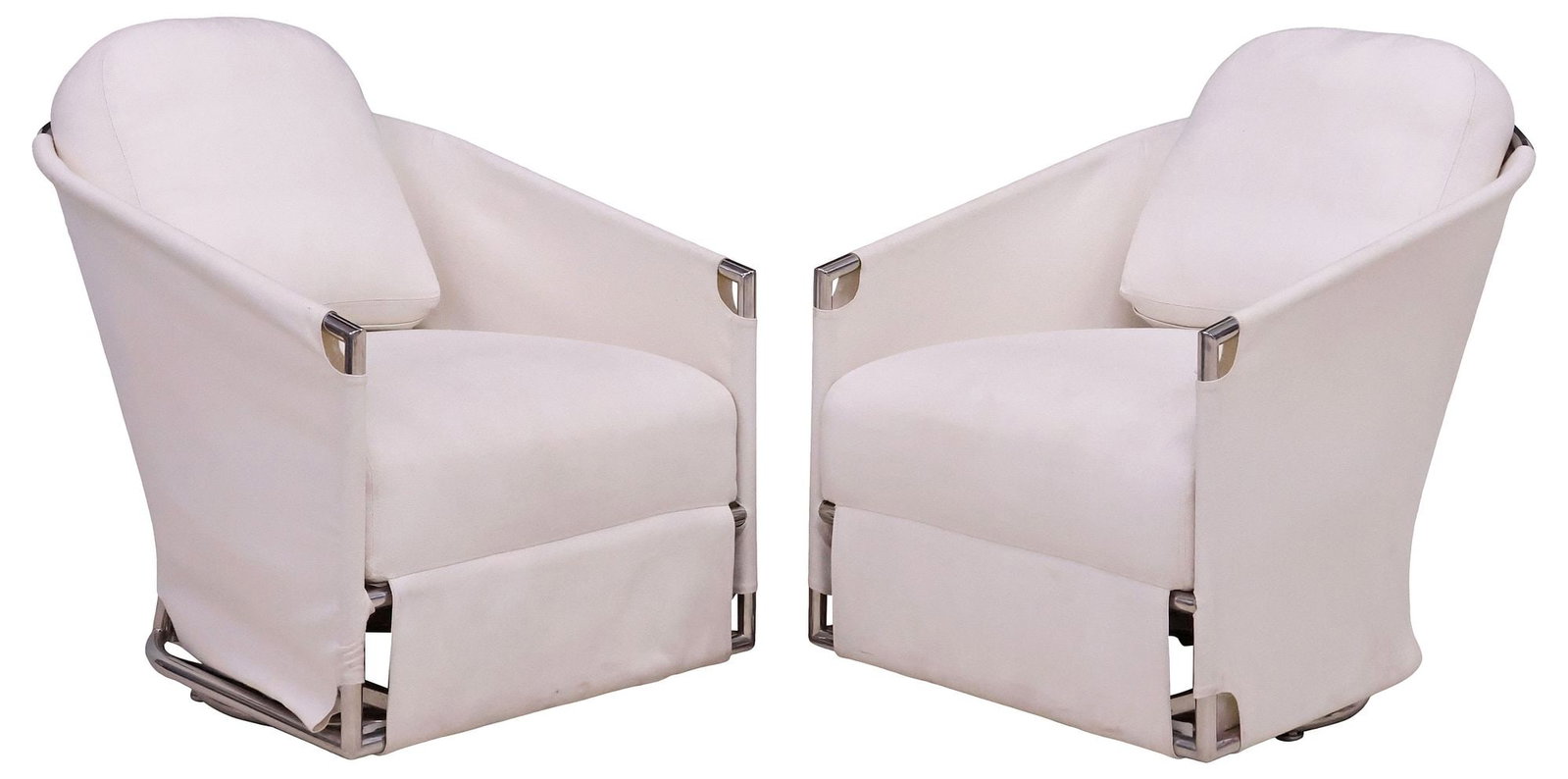 (2) SUTHERLAND 'MARINER 316' UPHOLSTERED STAINLESS STEEL PATIO LOUNGE CHAIRS: (pair) Contemporary "Mariner 316" patio tub chairs, designed by John Hutton (American, 1947-2006) and Joe Doyle (20th c.), for Sutherland, having stainless steel frame, with seat back cushio
