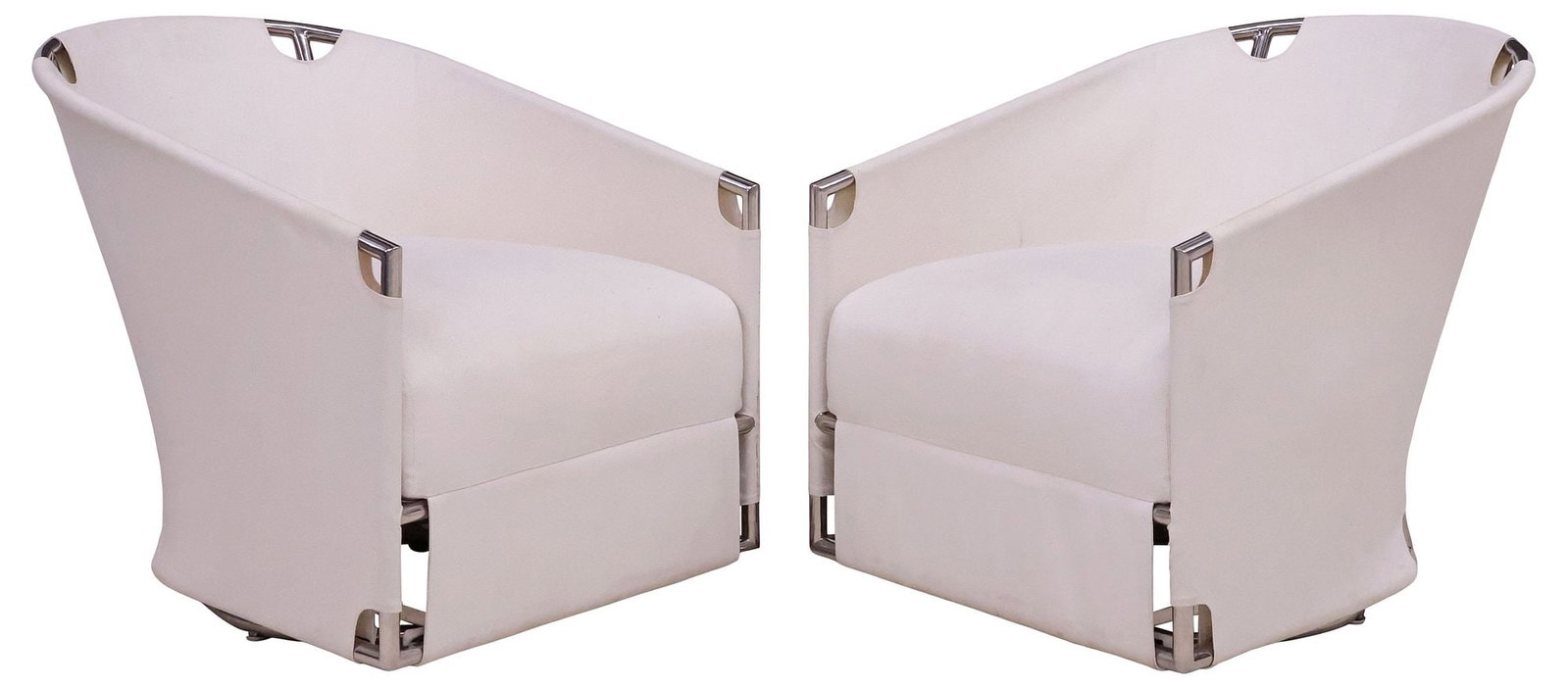 (2) SUTHERLAND 'MARINER 316' UPHOLSTERED STAINLESS STEEL PATIO LOUNGE CHAIRS: (pair) Contemporary "Mariner 316" patio tub chairs, designed by John Hutton (American, 1947-2006) and Joe Doyle (20th c.), for Sutherland, having stainless steel frame, with seat cushion and