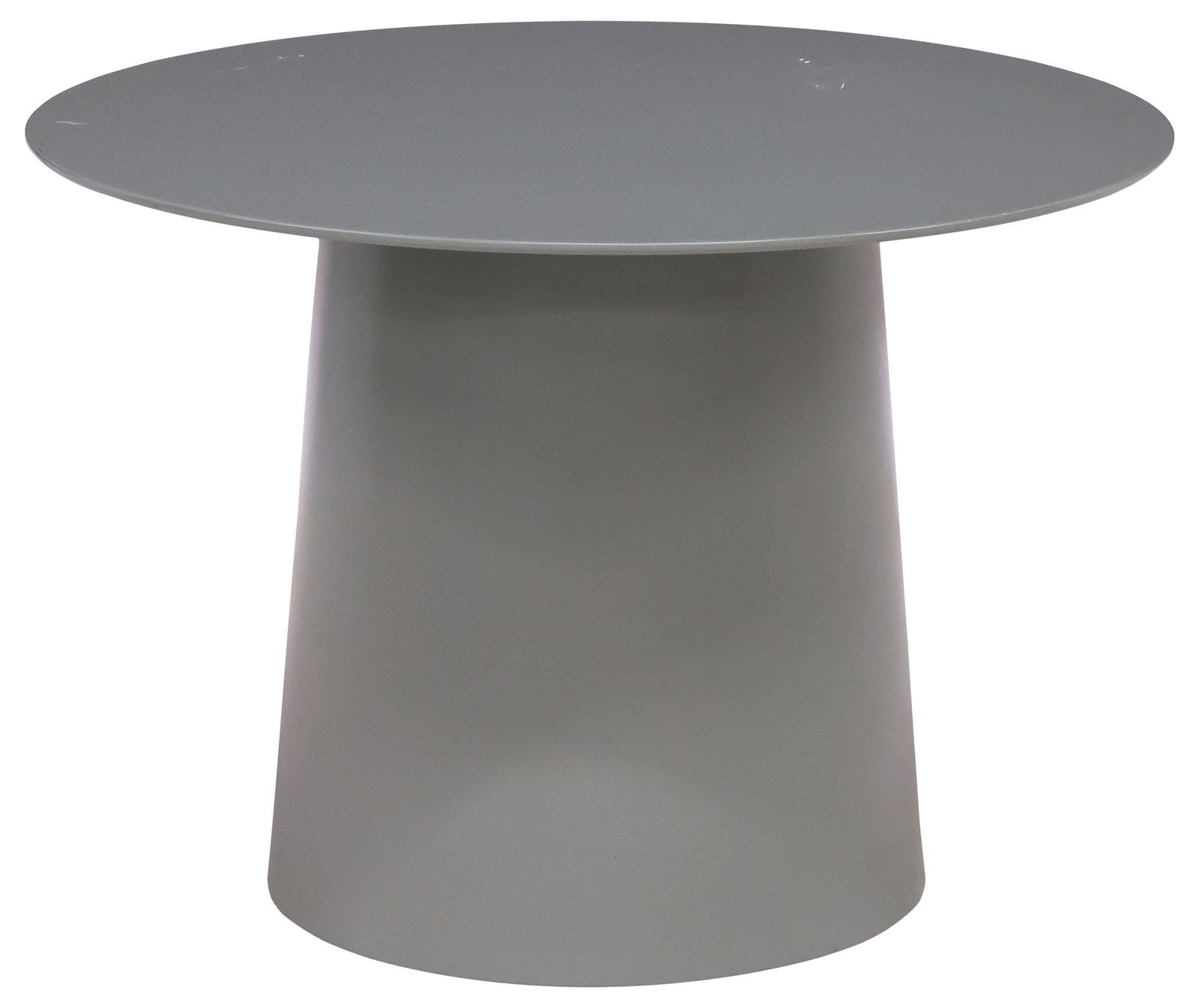 BLU DOT 'CIRCULA LOW' CONTEMPORARY OUTDOOR PATIO SIDE TABLE: Contemporary "Circula Low" outdoor patio side table, Blu Dot, 21st c., having powder-coated aluminum frame in a blue-grey finish, with circular top rising on tapered base, maker's mark u