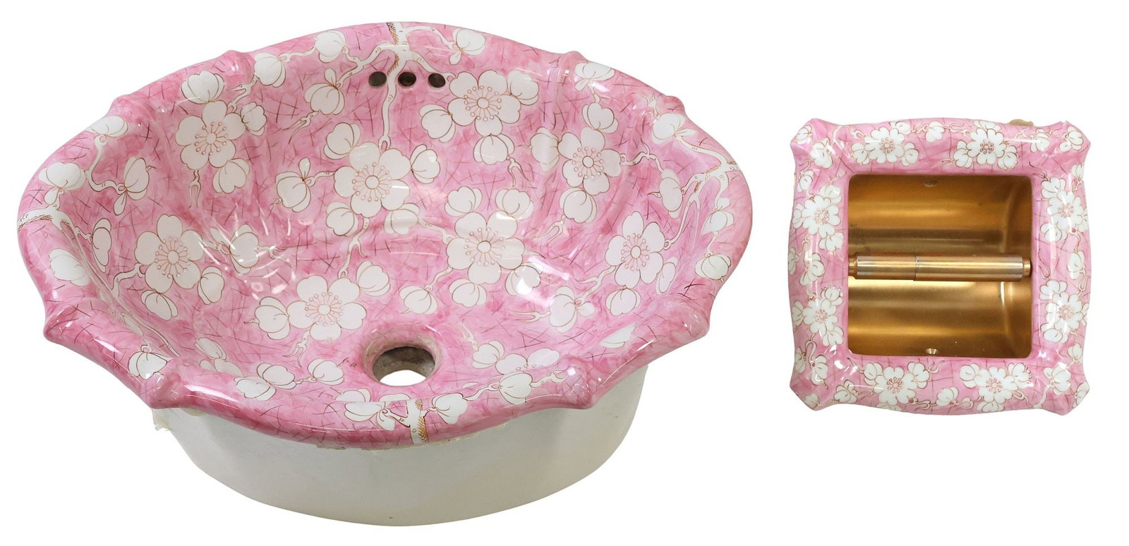 DESIGNER SHERLE WAGNER 'MING BLOSSOM' HAND-PAINTED CERAMIC SINK & TOILET PAPER HOLDER: (pair) Designer ceramic bathroom set, Sherle Wagner International, 20th c., in the "Ming Blossom" pattern, including: (1) "OE3" sink, having scalloped rim and hand-painted bowl, marked under rim, appr