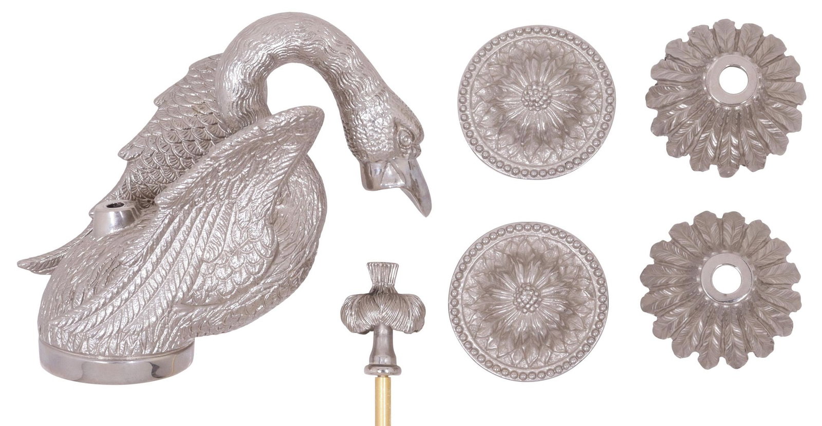(LOT) DESIGNER SHERLE WAGNER SWAN & ACANTHUS KNOB NICKEL FAUCET SET: (lot) Designer nickel bathroom set, Sherle Wagner International, 20th c., a deck-mount knobbed faucet set with various plumbing fixtures, including: (1) "Swan" faucet, approx 5.75"h, 4.5"w, 6.5"d; (pa