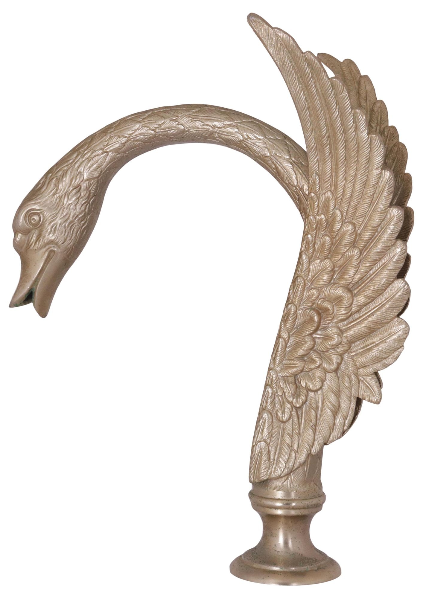 DESIGNER SHERLE WAGNER GILT METAL "SWAN" BATHROOM TUB SPOUT: Designer gilt metal "Swan" deck-mount tub spout, Sherle Wagner International, 20th c., spotting and oxidation, approx 13.25"h, 6.5"w, 10.25"d, 6.75lbs total **Provenance: Treasures from the vaults of 