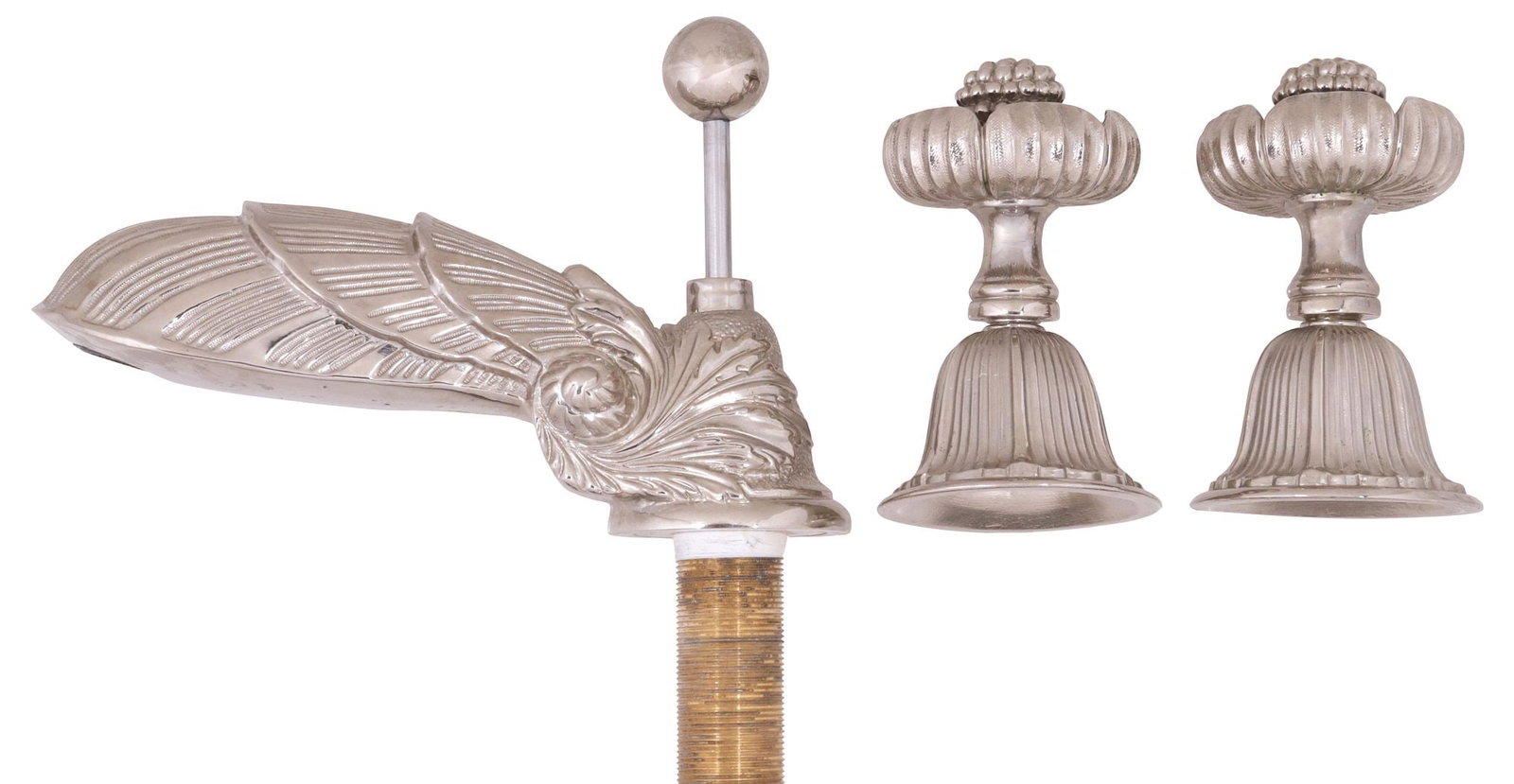 (LOT) DESIGNER SHERLE WAGNER 'SHELL' CHROMED FAUCET SET: (lot) Designer chromed metal faucet set, Sherle Wagner International, 21st c., in the "Shell" pattern, accompanied by various plumbing and installation equipment, unknown if all plumbing acc