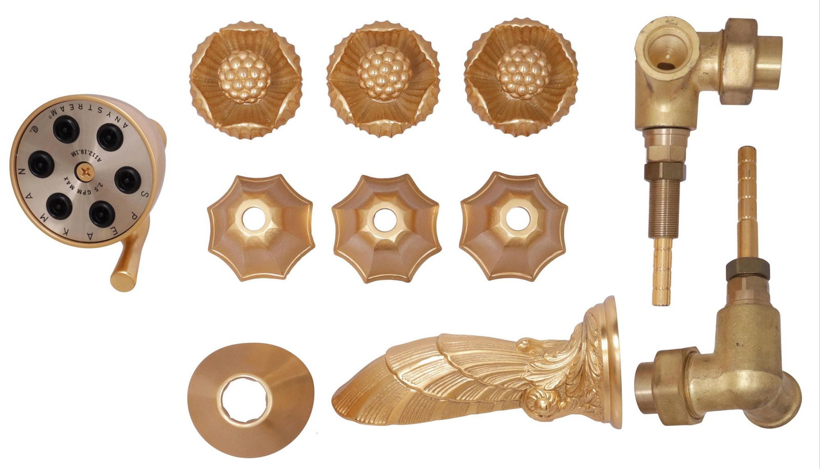 (LOT) DESIGNER SHERLE WAGNER & OTHER BATHROOM TUB/SHOWER SET, ASSEMBLED: (lot) Designer modern gilt metal shower/ tub set, Sherle Wagner International, 20th c., a wall-mount lever faucet set with various plumbing fixtures, housed in branded box, unsigned, including: (1) "S