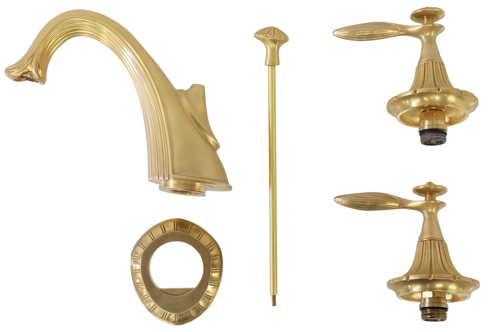 (LOT) DESIGNER SHERLE WAGNER MODERN GILT METAL 'RIVIERA' BATHROOM LEVER FAUCET SET: (lot) Designer modern gilt metal bathroom lever set, Sherle Wagner International, 20th c., a deck-mount lever faucet set with various plumbing fixtures, unmarked, including: (1) "Riviera" fluted fauce