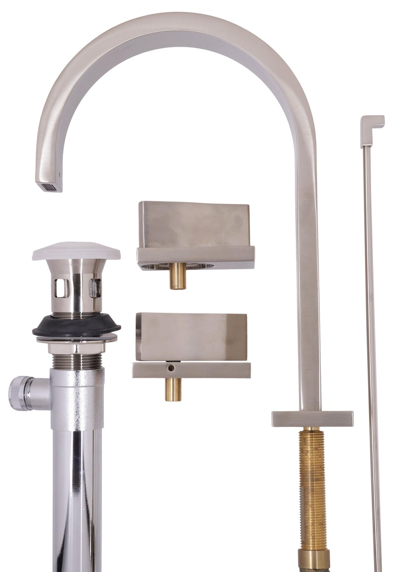 (LOT) SHERLE WAGNER 'RIPPLE' & 'ARBOR' ASSEMBLED FAUCET SET, NEW IN BOXES: (lot) Designer silver-toned metal faucet set, Sherle Wagner International, 21st c., all elements in a brushed nickel finish, housed in original fitted boxes, accompanied by various plumbing and