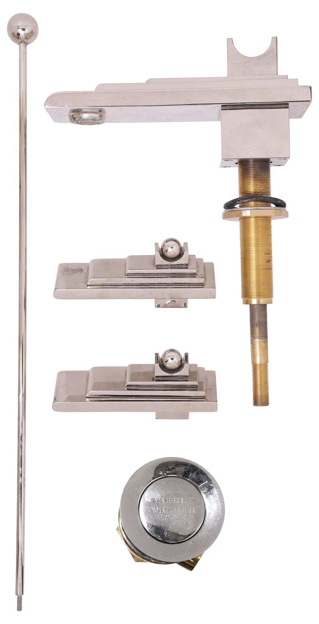 (LOT) DESIGNER SHERLE WAGNER 'NOUVEAU' LEVER FAUCET SET: (lot) Designer modern metal bathroom set, Sherle Wagner International, 20th c., a deck-mount lever faucet set with various plumbing fixtures, signed drain stopper, including: (1) "Nouveau" faucet,