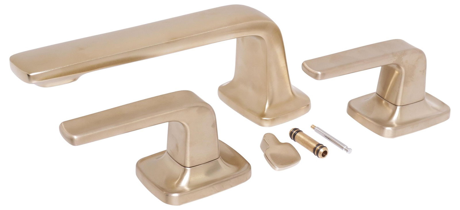 (LOT) DESIGNER KALLISTA CONTEMPORARY 'PER SE' BATHROOM LEVER FAUCET SET: (lot) Designer modern gilt metal bathroom set, Kallista, 21stc., a deck-mount lever faucet set with various plumbing fixtures, accompanied by branded guide and instructions, marked to reverse,