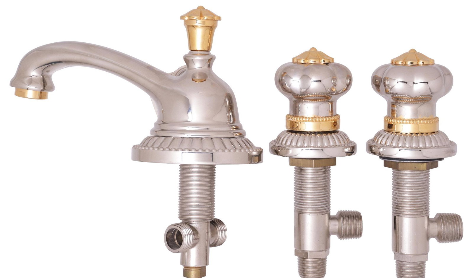 (LOT) DESIGNER THG PARIS GILT METAL & CHROME KNOBBED FAUCET SET: (lot) Designer modern two-tone gilt metal and chrome bathroom set, THG Paris, 20th/21st c., a deck-mount knobbed faucet set with various plumbing fixtures, marked to drain plug, including: (1)