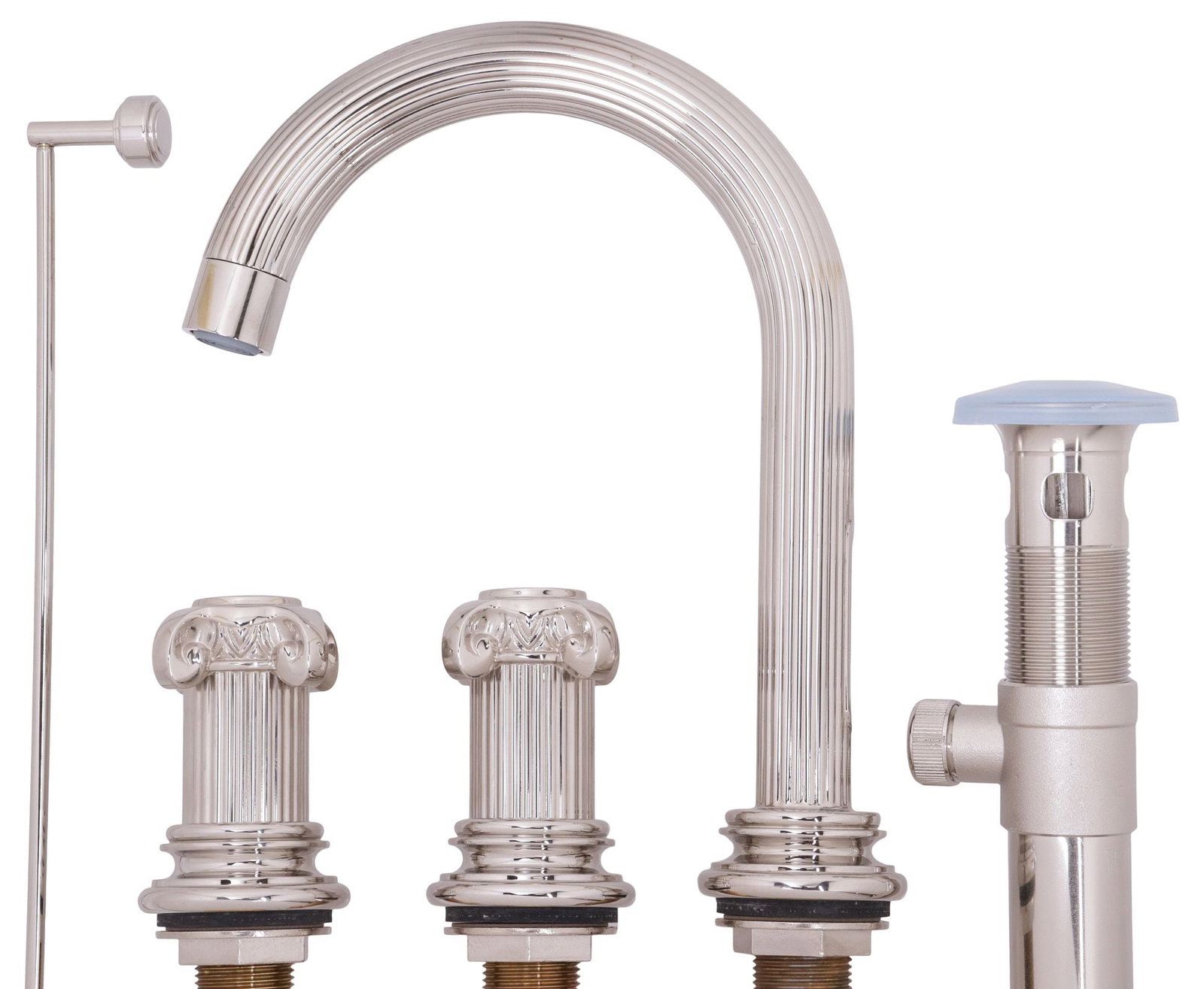 (LOT) DESIGNER HOUSE OF ROHL JORGEN 'APHRODITE' BATHROOM FAUCET SET: (lot) Contemporary polished metal faucet set, House of Rohl, 21st c., in collaboration with Jorgen, "Aphrodite" collection, discontinued, accompanied by maker's brochure, including: (1) fluted