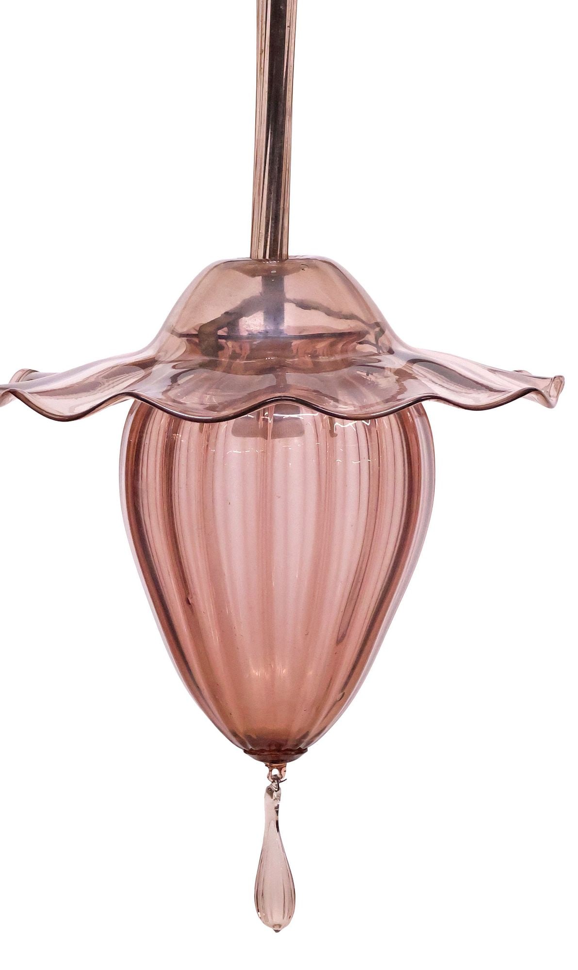 ITALIAN MURANO ART GLASS SINGLE-LIGHT PENDANT LAMP: Italian Murano art glass one-light chandelier, 20th c., translucent mauve pink glass standard, over handkerchief dome, and fluted tapering basin concealing single light, hung with colorless teardrop