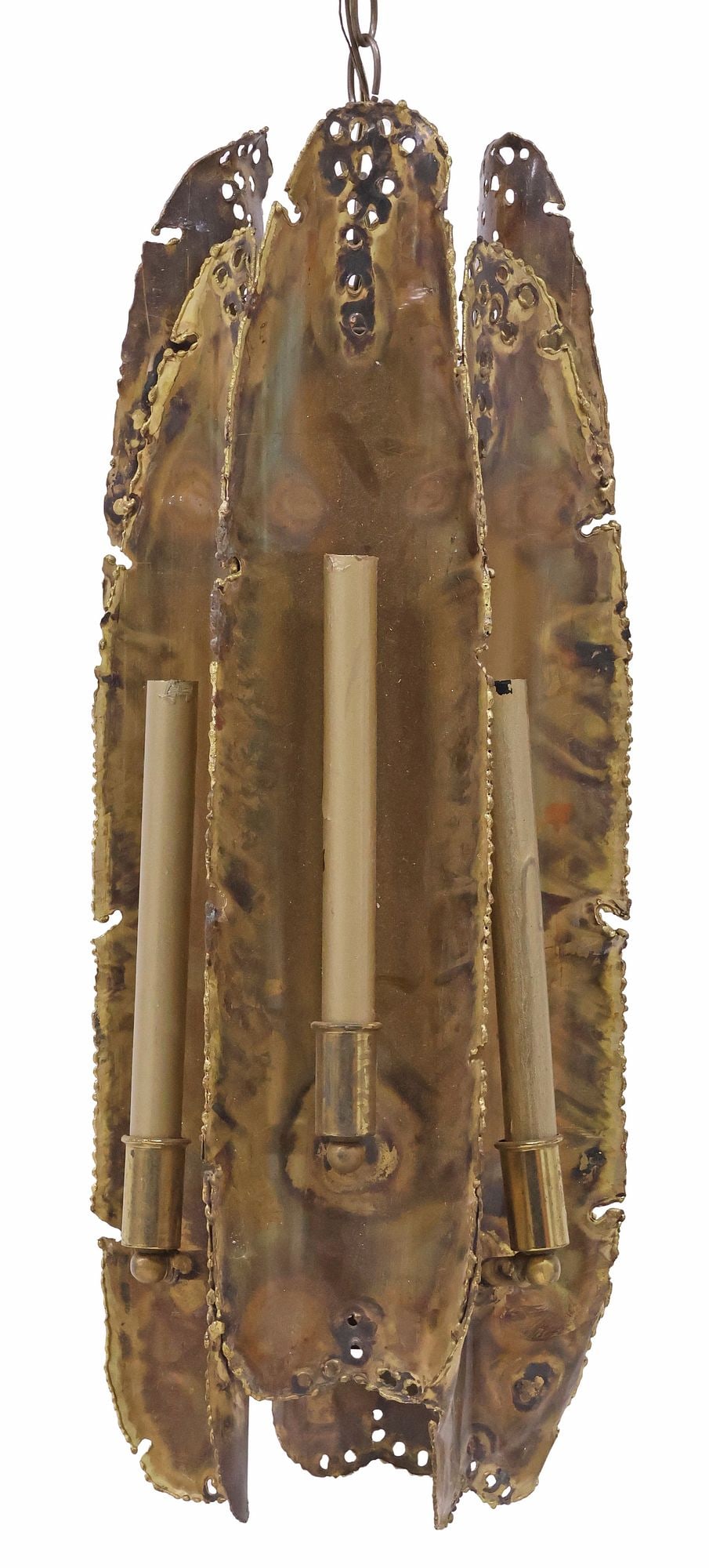 TOM GREENE (ATTRIB.) MID-CENTURY BRUTALIST BRASS HANGING PENDANT LIGHT: Large Brutalist torch-cut brass seven-light hanging ceiling pendant, attributed to Tom Greene (American, 20th c.) for Feldman Lighting Company, mid 20th c., of cylindrical form with six curved