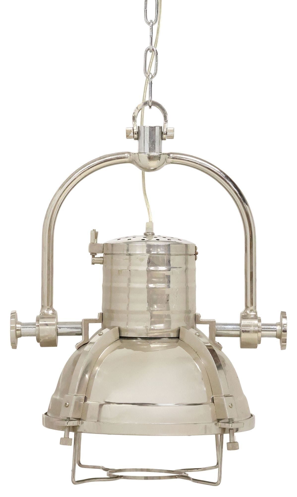 LARGE NAUTICAL CHROMED METAL & GLASS 1-LT HANGING SPOTLIGHT LAMP: Large nautical chromed metal hanging spotlight, 21st c., in the form of a ship cargo hold lamp, arched frame with domed shade on adjustable gimbal support, single light housed behind textured glass