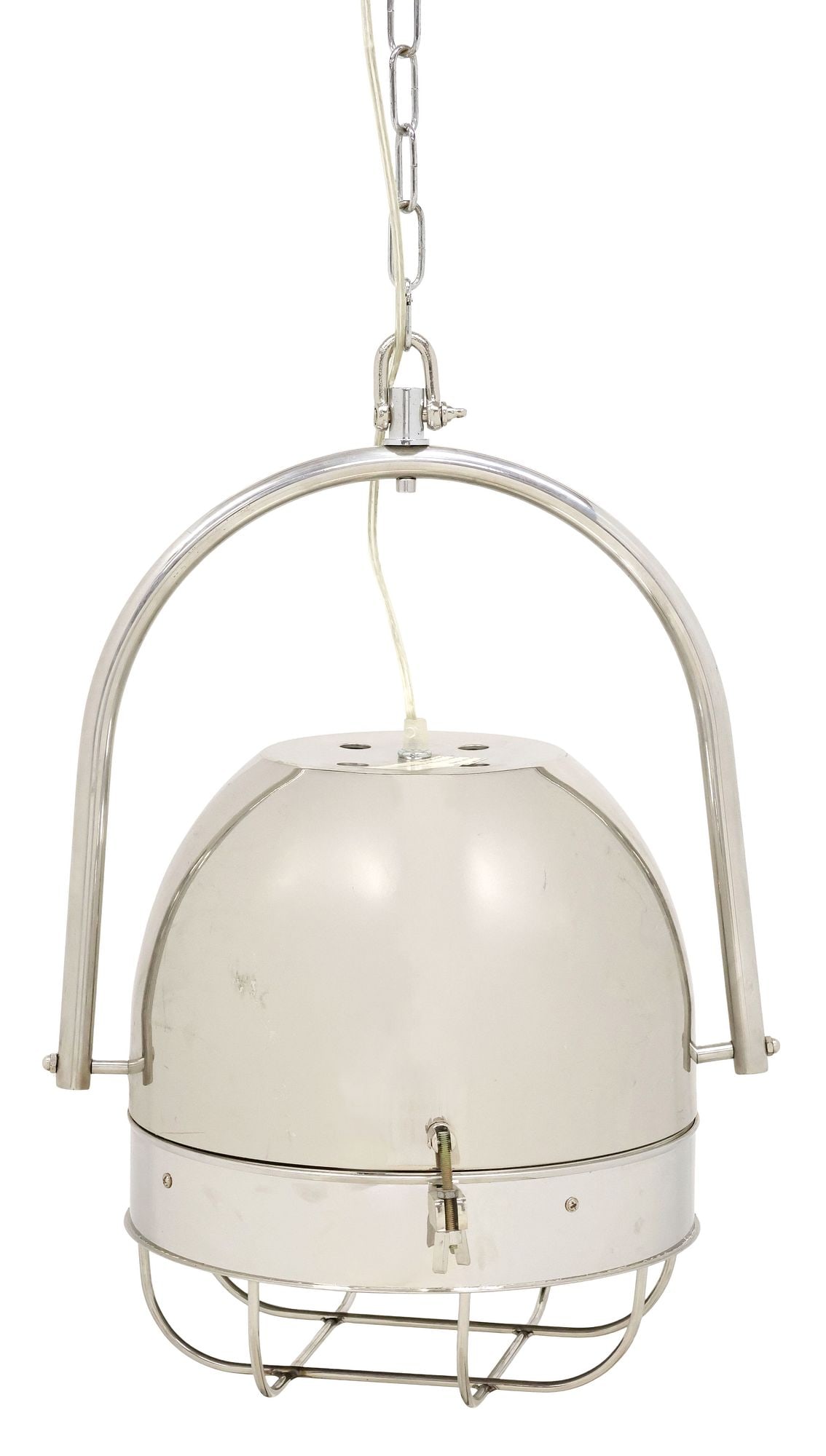 LARGE NAUTICAL CHROMED METAL 1-LIGHT HANGING SPOTLIGHT LAMP: Large nautical chromed metal hanging spotlight, 21st c., modeled as a ship cargo hold lamp, arched frame with domed shade on adjustable gimbal support, enclosing single light behind colorless glass
