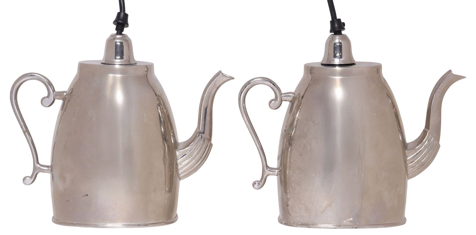 (2) SILVER-TONE METAL TEAPOT FORM HANGING PENDANT LAMPS: (pair) Silver-tone metal hanging pendant lamps, 20th c., in the form of teapots, with rib-base spouts and scrolled handles, equipped with U.S. wiring, not tested, approx 8.75"h,