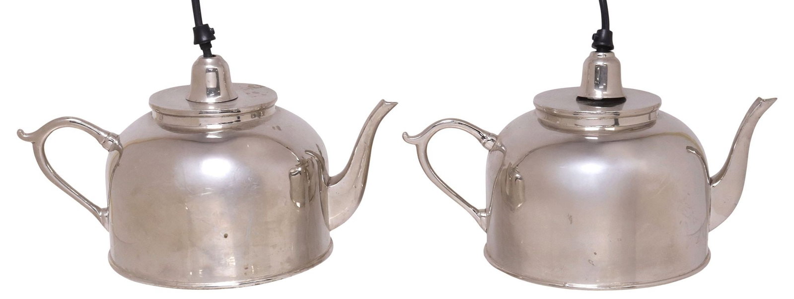 (2) SILVER-TONE METAL TEAPOT FORM HANGING PENDANT LAMPS: (pair) Silver-tone metal hanging pendant lamps, 20th c., in the form of teapots, with curved spouts and scrolled handles, equipped with U.S. wiring, not tested, approx 6.75"h,