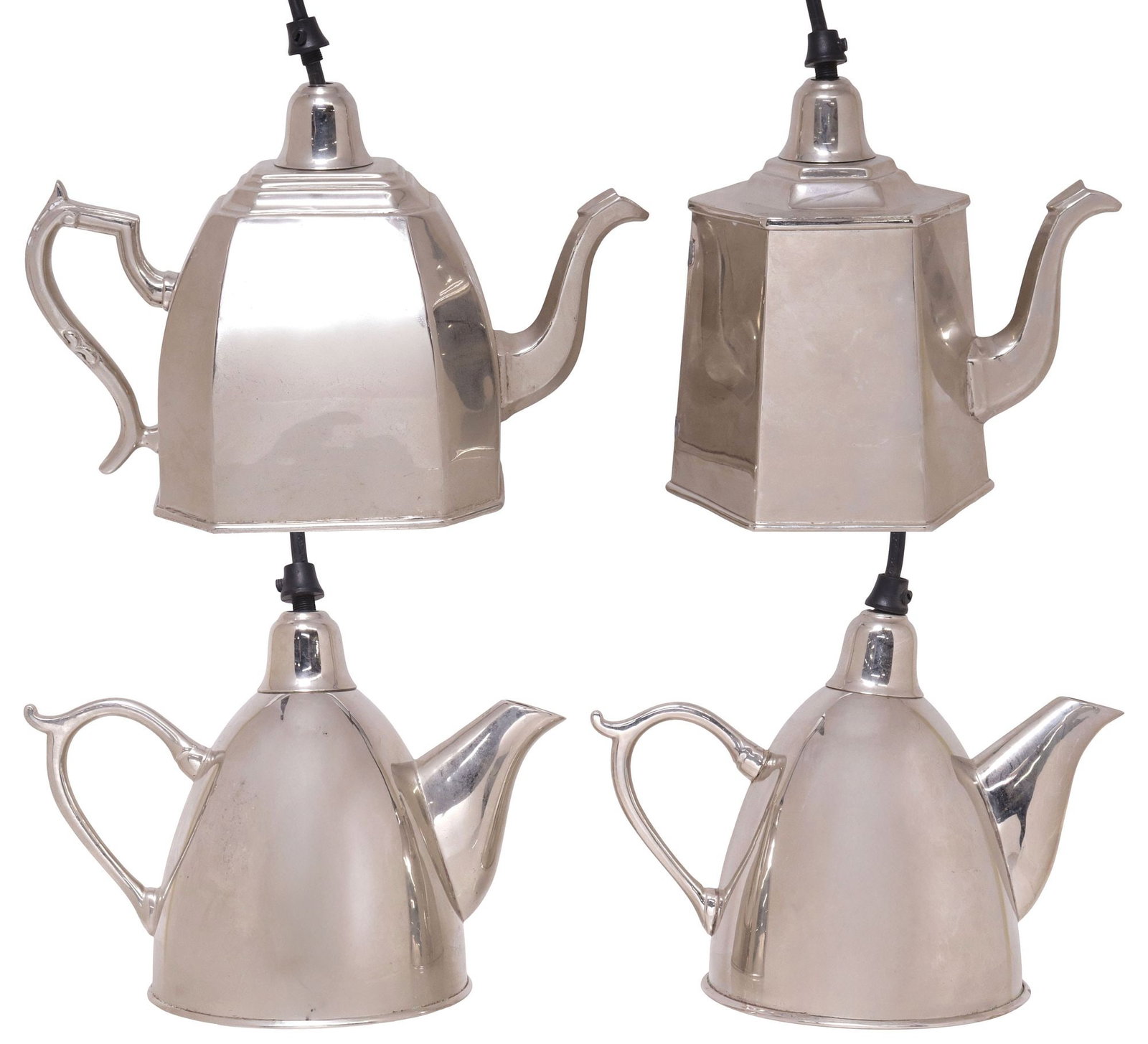 (4) SILVER-TONE METAL TEAPOT FORM HANGING PENDANT LAMPS: (lot of 4) Silver-tone metal hanging pendant lamps, 20th c., in the form of teapots, each with curved spouts, (2) of rounded conical form, (1) with stepped finial, scrolled handle, (1) of hexagon