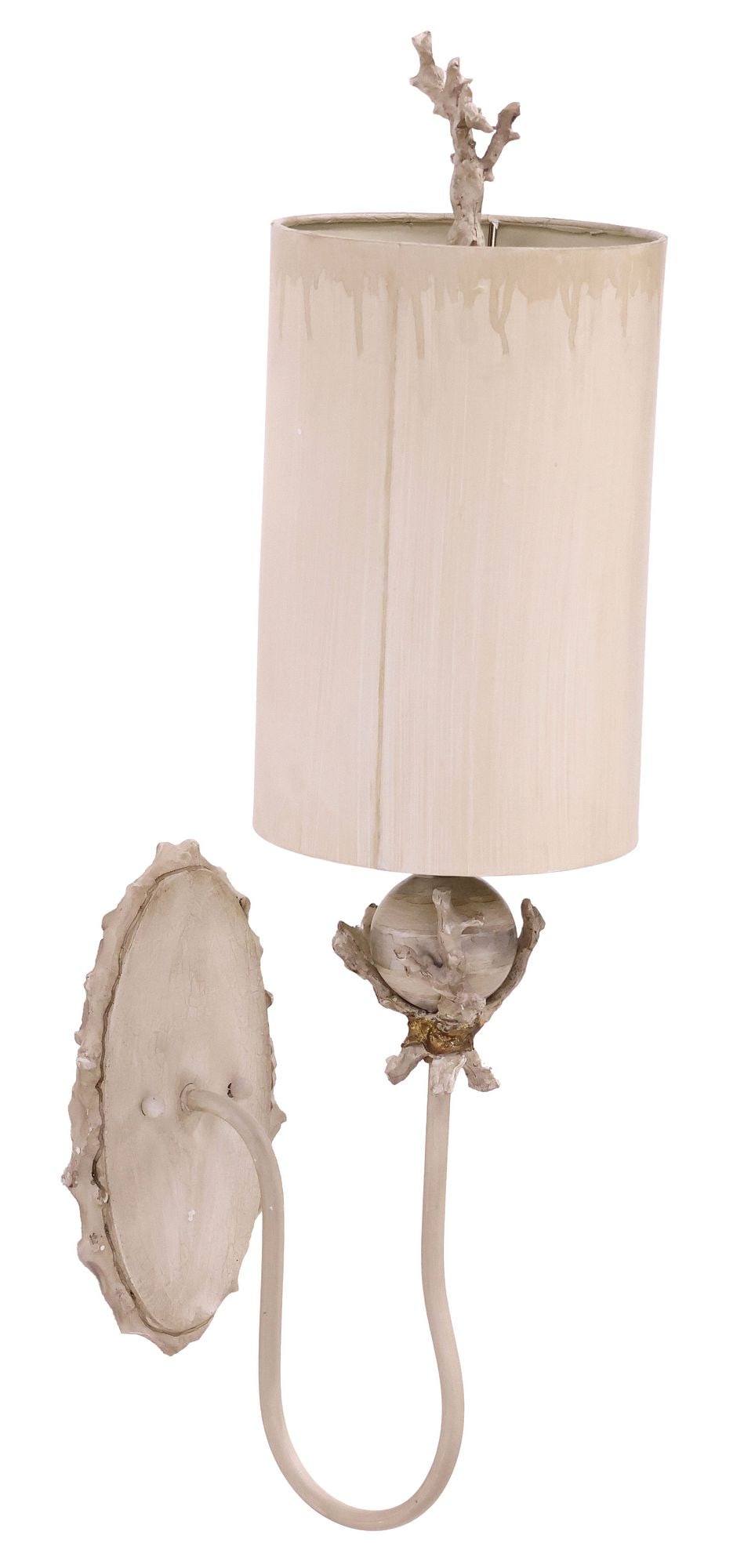 LUCAS MCKEARN 'TRELLIS' FAUX CORAL 1-LIGHT WALL SCONCE WITH SHADE: Modern "Trellis" single-light wall sconce, Lucas McKearn for Flambeau, New Orleans, 21st c., having faux coral branch finial, above drum shade and arched arm, maker's mark at back of wall plaque, equi