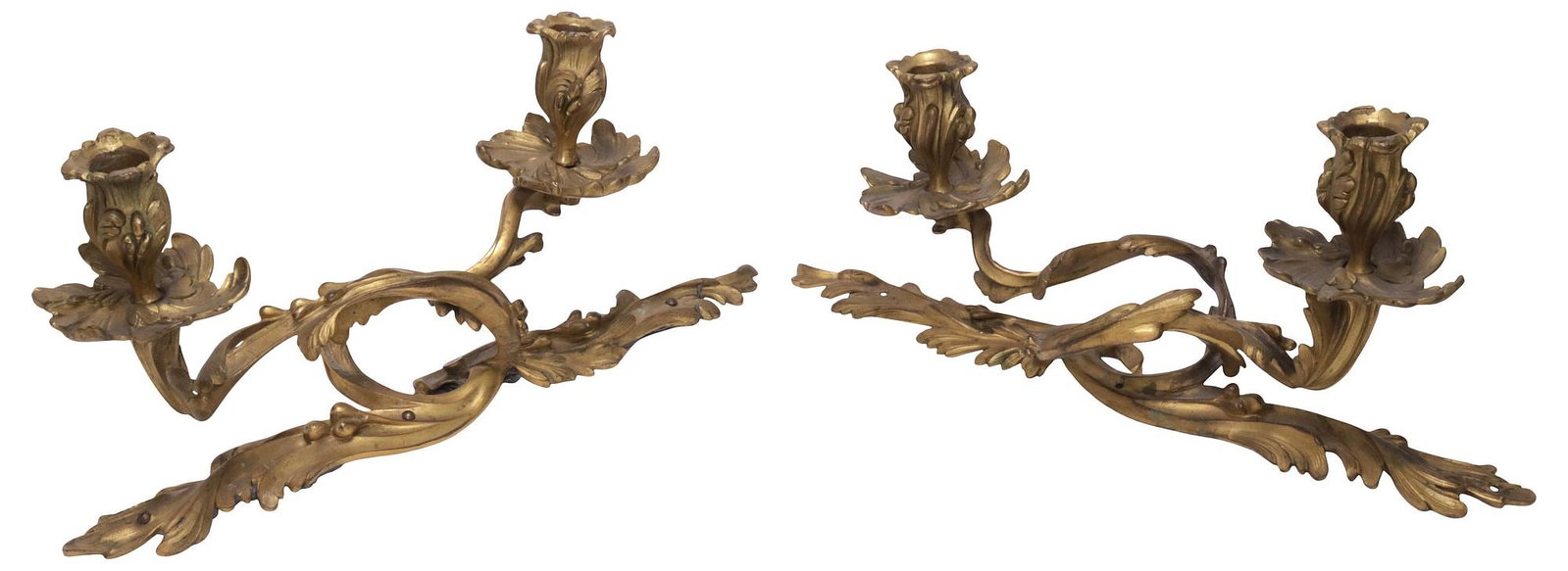 (2) FRENCH LOUIS XV STYLE ORMOLU 2-LIGHT LOW CANDELABRA ELEMENTS, 19TH C.: (pair) French Louis XV style bronze dore two-light candelabra, 19th c., each having foliate base, issuing scrolled arms, terminating at fanned bobeche and candle cup with floral buds, drill holes to